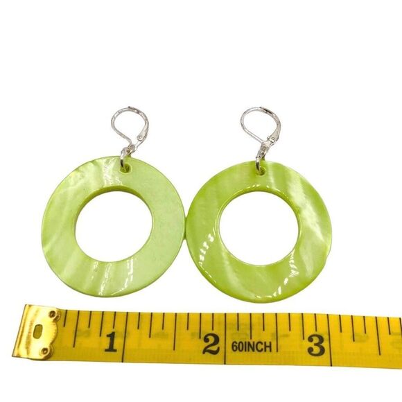 Natural Shell Green and Yellow Open Hoop Dangle Earrings - Picture 7 of 8